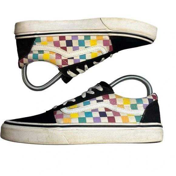 Vans Old Skool Rainbow Checkerboard Girl’s Missy 4 Sneakers Canvas Suede Low Top - Picture 3 of 9